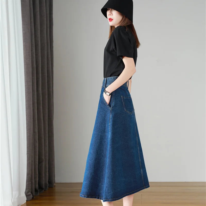 Gemutlich Women S-9XL Denim A-lined Skirt Jeans High Waist loose Long Single breasted Skirt Party Spring Summer 2025 New