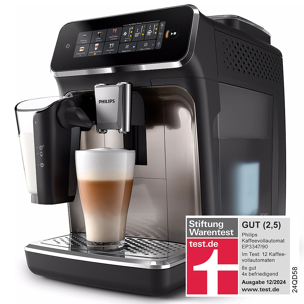 Philips Series 3300 Kaffeevollautomat EP3347/90 - 6 Getränke, Farb Touchscreen Display, LatteGo Milchsystem, SilentBrew, Keramikmahlwerk, AquaClean Filter - Schwarz/Chrom