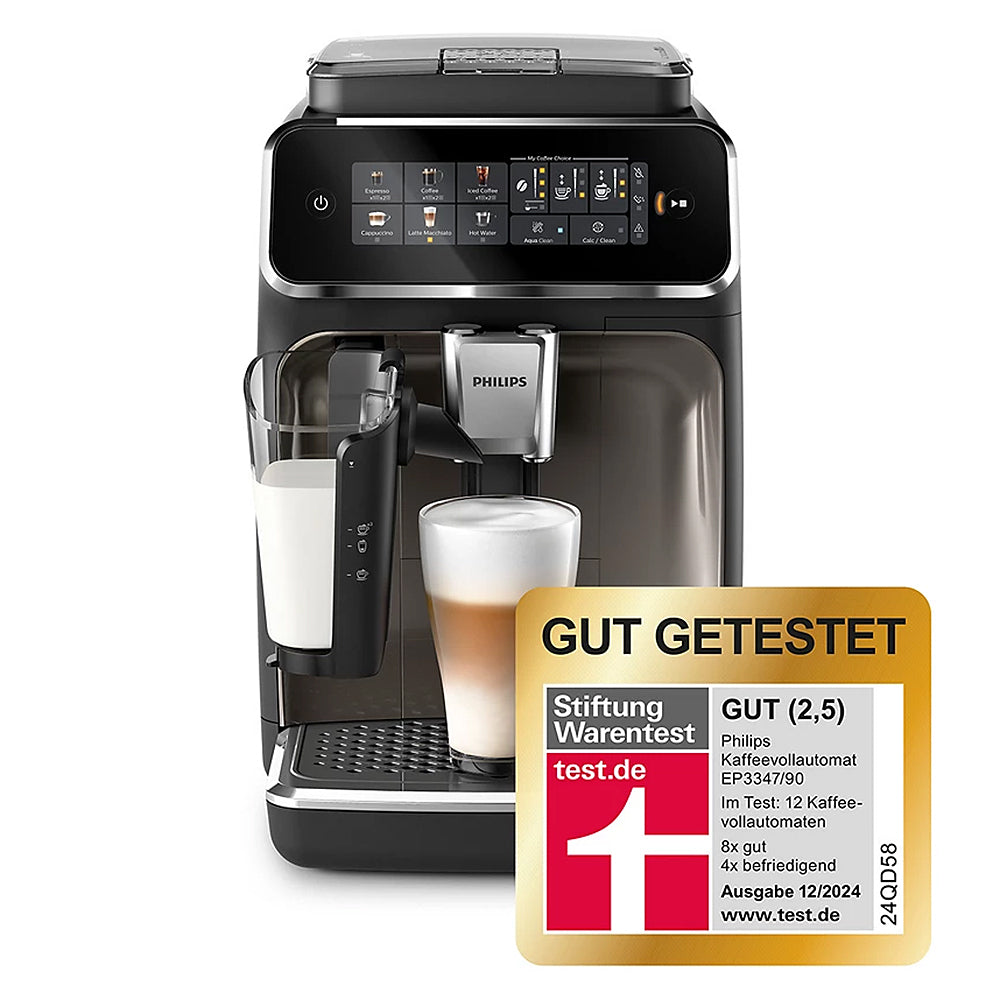 Philips Series 3300 Kaffeevollautomat EP3347/90 - 6 Getränke, Farb Touchscreen Display, LatteGo Milchsystem, SilentBrew, Keramikmahlwerk, AquaClean Filter - Schwarz/Chrom