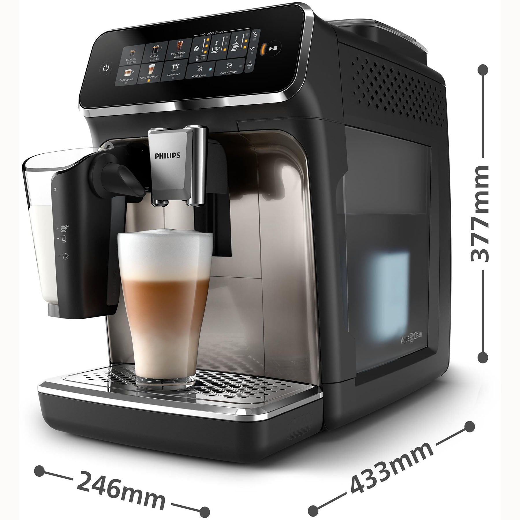 Philips Series 3300 Kaffeevollautomat EP3347/90 - 6 Getränke, Farb Touchscreen Display, LatteGo Milchsystem, SilentBrew, Keramikmahlwerk, AquaClean Filter - Schwarz/Chrom