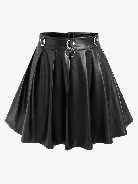Gothic D-rings Faux Leather Pleated Skirt Plus Size Back Zipper Fly Skirt For Women Black Sexy Mini Skirts