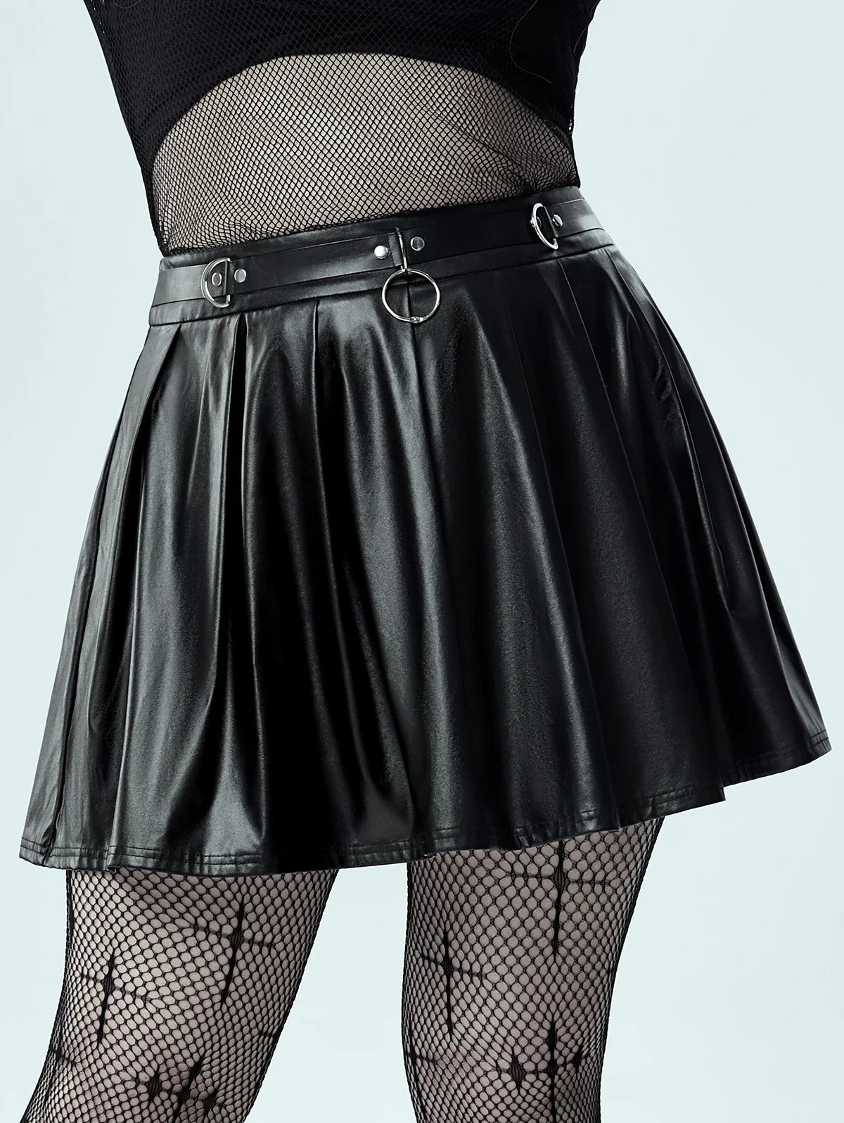 Gothic D-rings Faux Leather Pleated Skirt Plus Size Back Zipper Fly Skirt For Women Black Sexy Mini Skirts