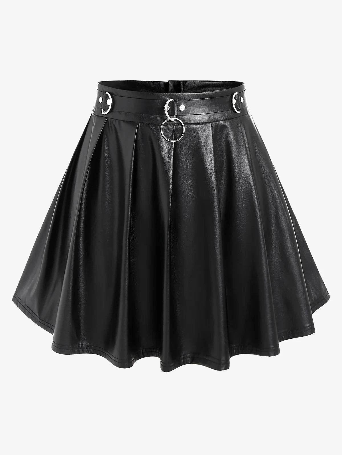 Gothic D-rings Faux Leather Pleated Skirt Plus Size Back Zipper Fly Skirt For Women Black Sexy Mini Skirts