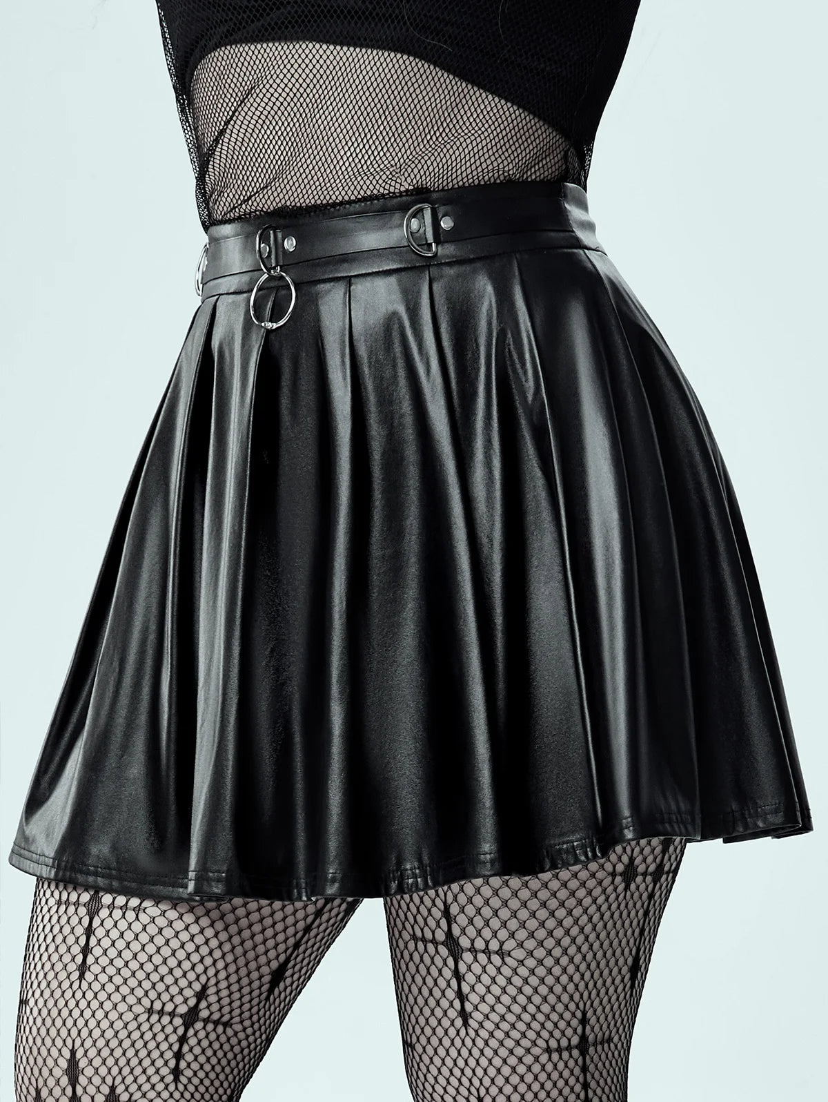 Gothic D-rings Faux Leather Pleated Skirt Plus Size Back Zipper Fly Skirt For Women Black Sexy Mini Skirts