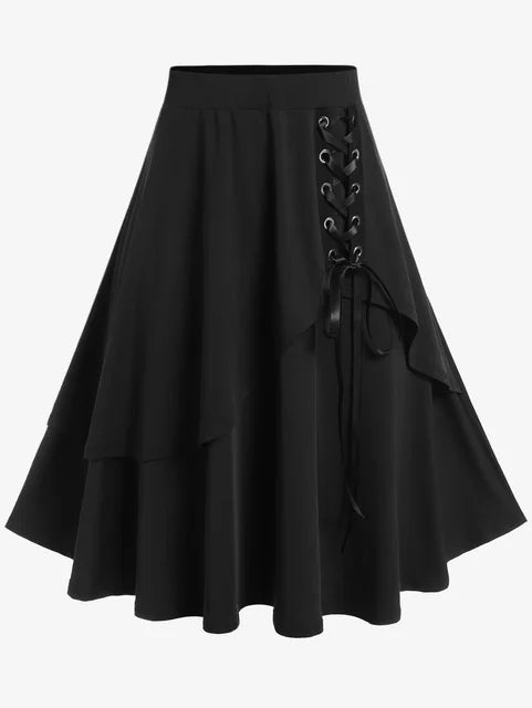 Plus Size Black Lace-up Double Layered Skirt Women s High Rise Pull On A Line Midi Skirts Elastic Waist Casual Bottom 4X