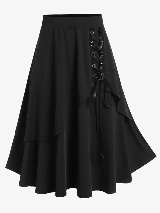 Plus Size Black Lace-up Double Layered Skirt Women s High Rise Pull On A Line Midi Skirts Elastic Waist Casual Bottom 4X