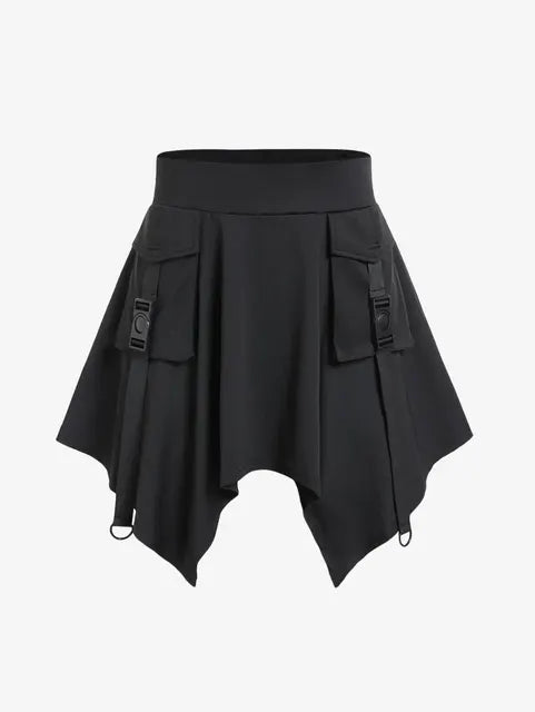 Plus Size Women s Bottoms Gothic Buckled Flap Pockets Hanky Hem Skirts Or High Waisted Lace Up Mini Pull On Shorts S-4XL