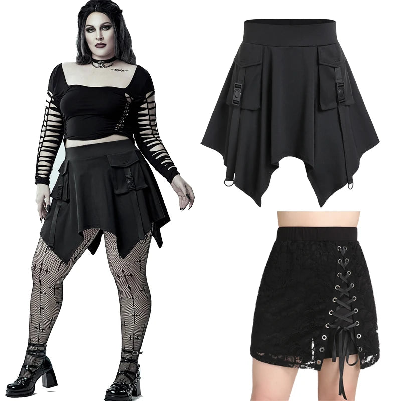 Plus Size Women s Bottoms Gothic Buckled Flap Pockets Hanky Hem Skirts Or High Waisted Lace Up Mini Pull On Shorts S-4XL