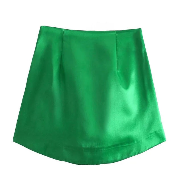 Women Mini Skirts Green Satin High Street Solid Side Zipper Sexy Bodycon Skirt Faldas Mujer